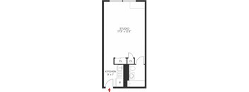 A floor plan of a studio apartment with a kitchen and a studio space.