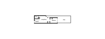 A floor plan of a home with a living room, bedroom, and patio.