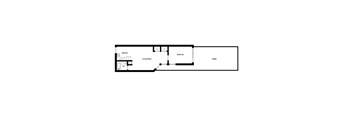 A floor plan of a house with a kitchen, living room, bedroom and patio.