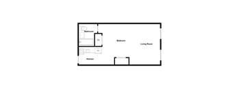 A floor plan of a small apartment with a kitchen, living room, and bedroom.