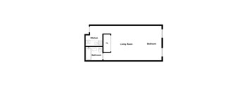A floor plan of a small apartment with a kitchen, bathroom, living room, and bedroom.