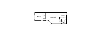 A floor plan of a living space with a bedroom, a living room, and a kitchen.