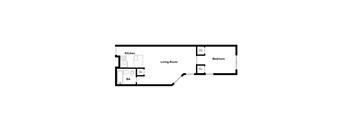 A floor plan of a small apartment with a kitchen, living room, and bedroom.