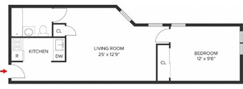 A floor plan of a small apartment with a kitchen, living room, and bedroom.