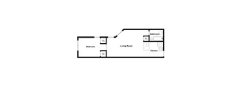 A floor plan of a living space with a bedroom and a kitchen.