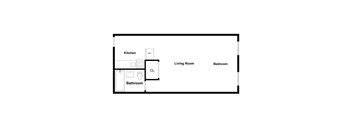 A floor plan of a small apartment with a kitchen, bathroom, living room and bedroom.