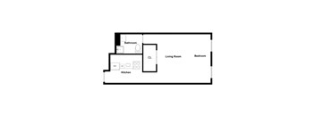 A floor plan of a small apartment with a kitchen, living room, and bedroom.