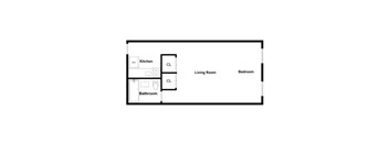 A floor plan of a living space with a kitchen, bathroom, and bedroom.