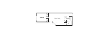 A floor plan of a living space with a bedroom and a kitchen.