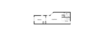 A floor plan of a small apartment with a bedroom, living room, and kitchen.