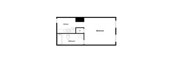 A floor plan of a small apartment with a kitchen, bathroom, bedroom and a closet.