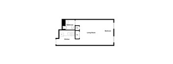 A floor plan of a living room, bedroom, and kitchen.