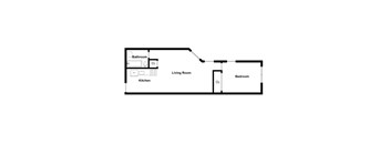 A floor plan of a small apartment with a living room, bedroom, kitchen, and bathroom.