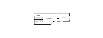 A floor plan of a living space with a kitchen, living room, and bedroom.
