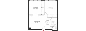 A black and white image of a floor plan for a house with two bedrooms, a living room, and a kitchen.