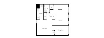 A floor plan of a house with a kitchen, living room, dining room, and two bedrooms.