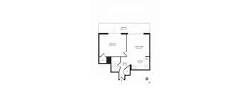 A floor plan of a house with a terrace, bedroom, living/dining area, kitchen, and a foyer.