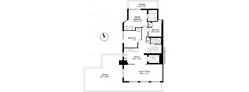 A floor plan of a house with a terrace, a master bedroom, two bedrooms, a kitchen, and a living/dining area.