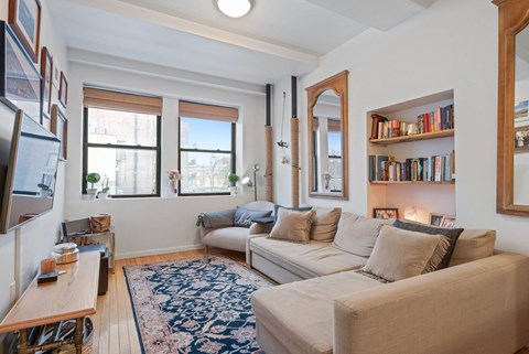 A living room with a couch, a rug, and a bookshelf.