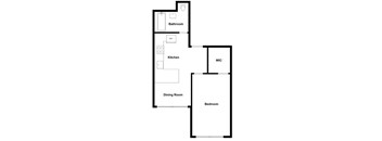 A floor plan of a small apartment with a kitchen, dining room, and bedroom.
