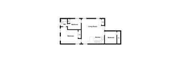 A floor plan of a house with a living room, two bedrooms, a kitchen, and a bathroom.