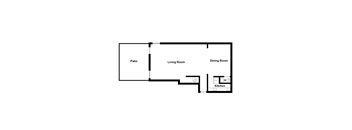A floor plan of a house with a patio, living room, dining room, and kitchen.
