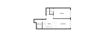 A floor plan of a living space with a bedroom, kitchen, and bathroom.