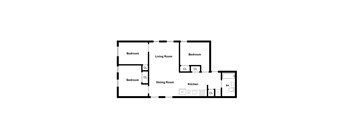 A floor plan of a house with three bedrooms, a living room, a dining room, and a kitchen.