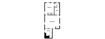 A floor plan of a small apartment with a bedroom, living room, and kitchen.