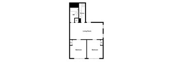 A floor plan of a small apartment with a living room, two bedrooms, and a kitchen.