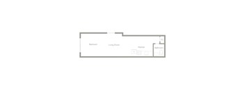 A floor plan of a house with a bedroom, living room, kitchen and bathroom.