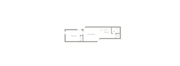 A floor plan of a house with a kitchen, living room, and bedroom.