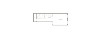 A floor plan of a small apartment with a bedroom, kitchen and bathroom.