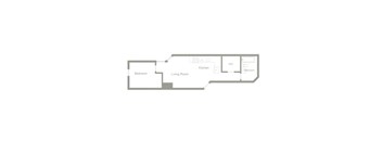 A floor plan of a house with a bedroom, living room, kitchen and bathroom.