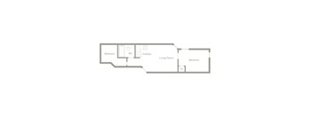 A floor plan of a living space with a kitchen and two bedrooms.
