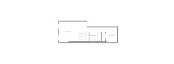 A floor plan of a small apartment with a living room, kitchen, bathroom, and bedroom.