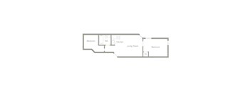 A floor plan of a home with a living room, two bedrooms, a kitchen, and a bathroom.