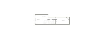 A floor plan of a small apartment with a kitchen, bathroom, and two bedrooms.