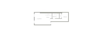 A floor plan of a living room with a kitchen and bathroom.