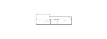 A floor plan of a living space with a kitchen, bathroom and bedroom.