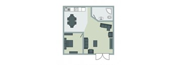 A floor plan of a room with furniture and appliances.