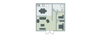 A floor plan of a room with furniture and appliances.