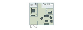 A floor plan of a room with furniture and appliances.