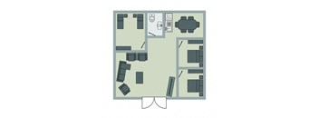 A floor plan of a room with furniture and appliances.