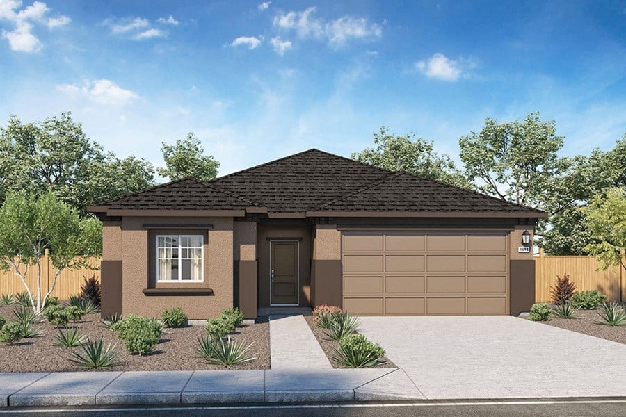 Apartments for Rent in Fallon NV - The Pines at Ponderosa - Digital Rendering of a Brown-Colored Townhome Exterior With a Front Lawn, a Garage, and a Driveway