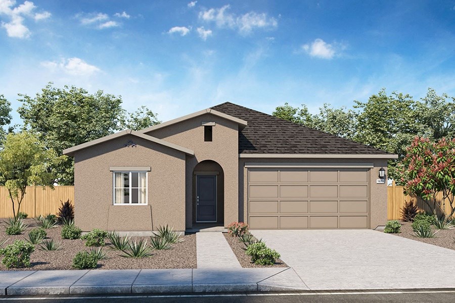 Apartments in Fallon NV - The Pines at Ponderosa - Digital Rendering of a Beige-Colored Townhome Exterior With a Front Lawn, a Garage, and a Driveway