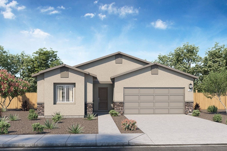 Apartments for Rent in Clark - The Pines at Ponderosa - Digital Rendering of a Gray-Colored Townhome Exterior With a Front Lawn, a Garage, and a Driveway