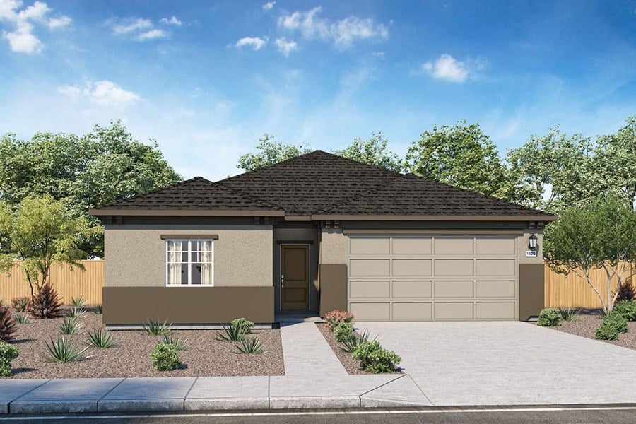 Apartments for Rent in Gallon - The Pines at Ponderosa - Digital Rendering of a Sand-Colored Townhome Exterior With a Front Lawn, a Garage, and a Driveway