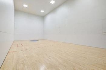 A squash court with a blue dot on the floor.
