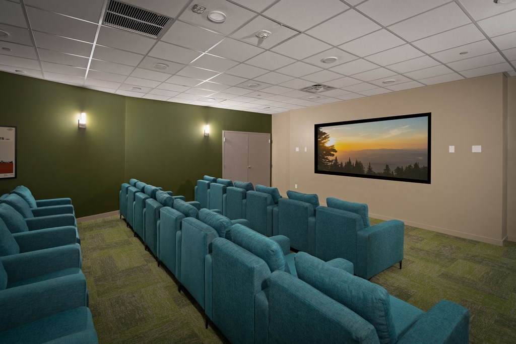 Movie theater with 3 rows of seating and projector screen